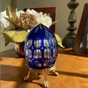 Cobalt blue cut to clear egg with base solid metal stand in 24 k gold trim!